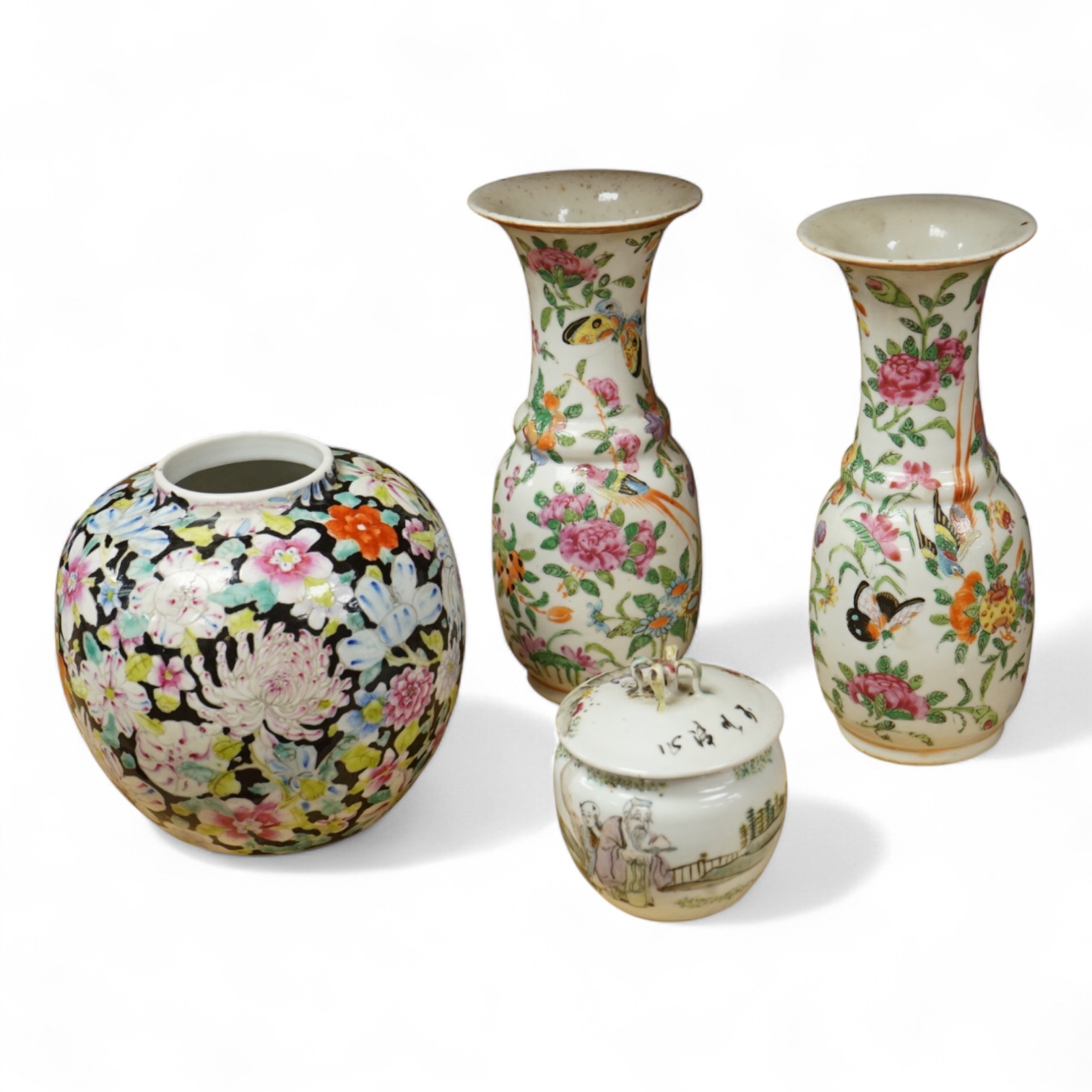 A Chinese 'Thousand Flower' jar, two famille rose vases, and a Republic period jar and cover, largest 19cm high